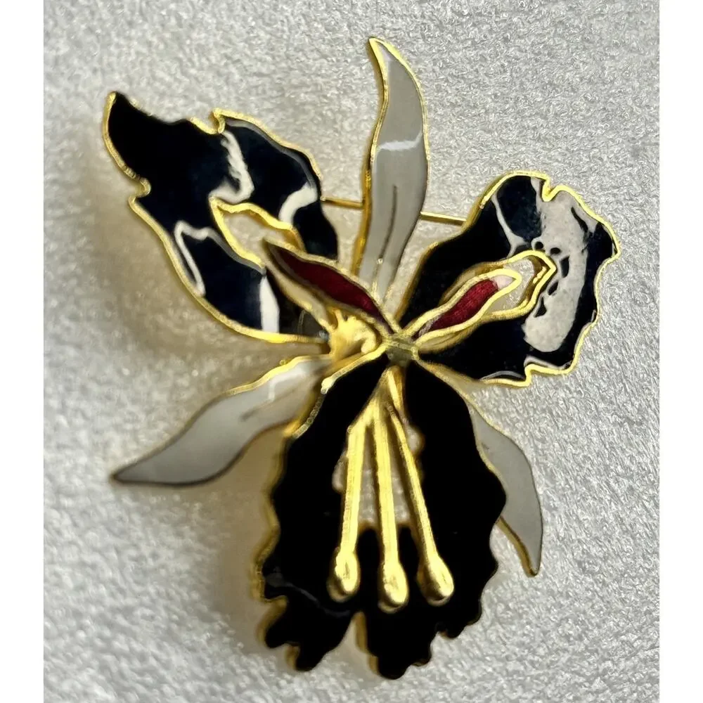 Vintage Cloisonné Orchid Flower Brooch Pin Gold Tone Black White Enamel Floral